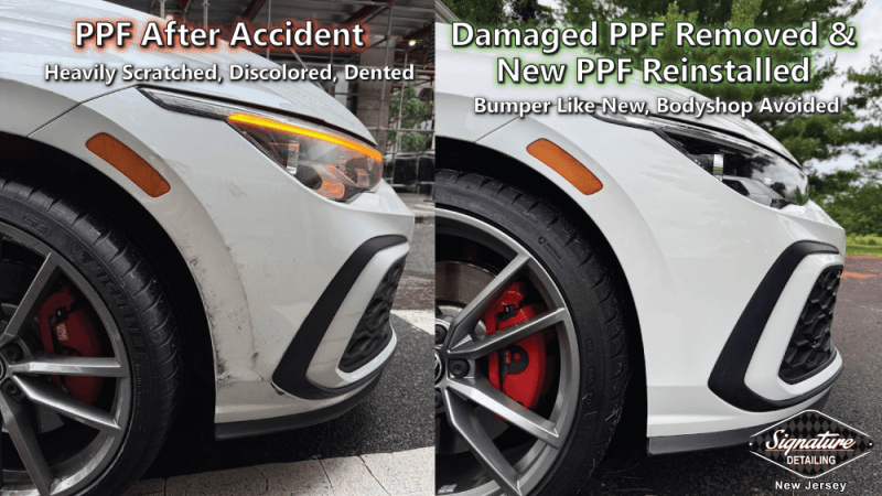 Paint Protection Film (PPF) installation services by Signature Detailig NJ saves a vehicle panel from scratches, dents, rock chips, and a trip to the bodyshop after a traffic accident.